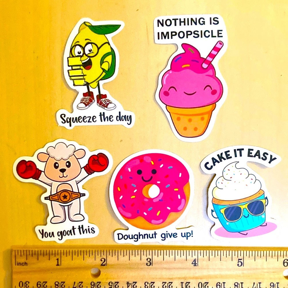 10/$10‎ or $1 BUNDLE: 5 Pun Fun Stickers: Encouragers! 🍋 🧁 🍩 WATERPROOF!